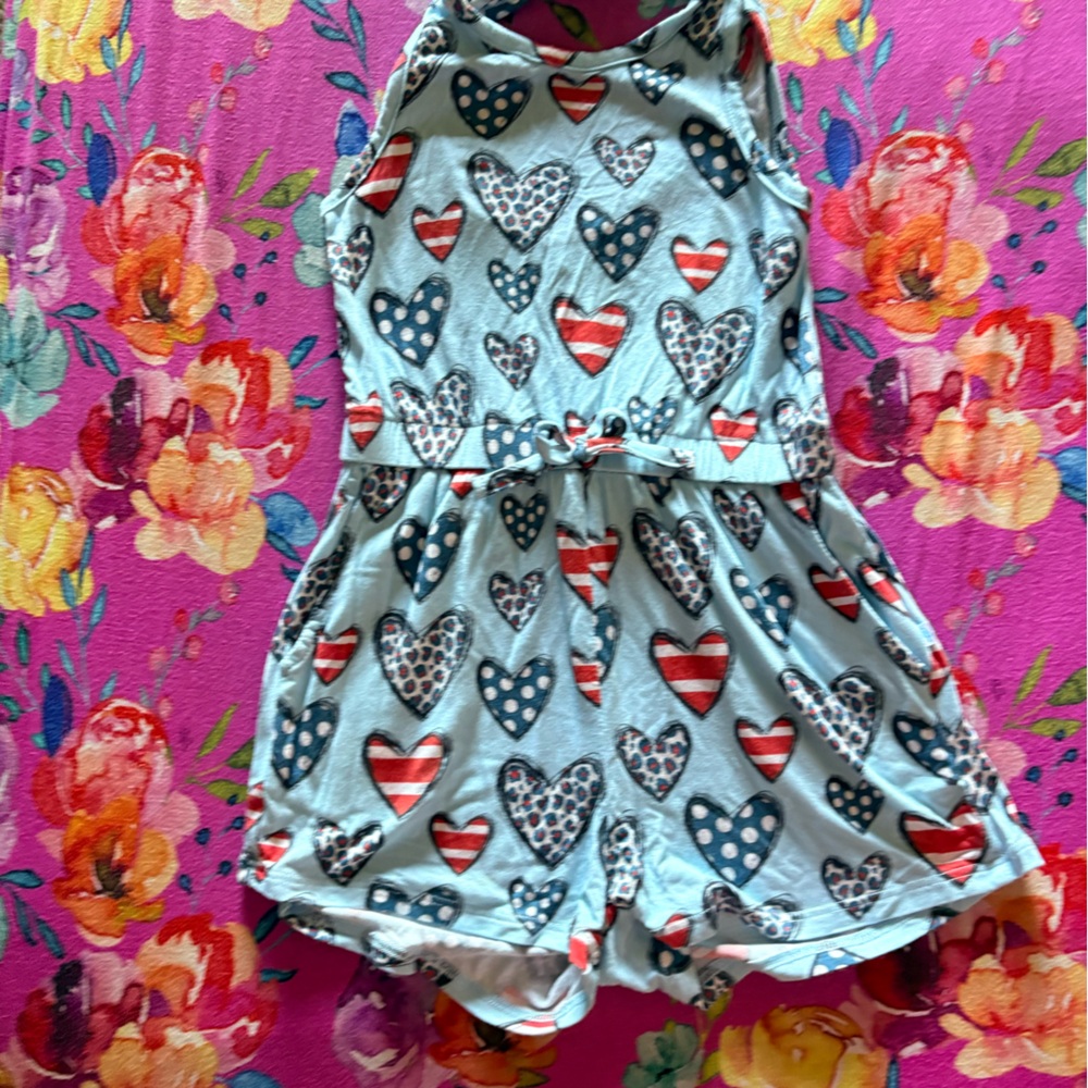 Posh Peanut Light Blue Heart-Print Romper with Red & Navy Accents